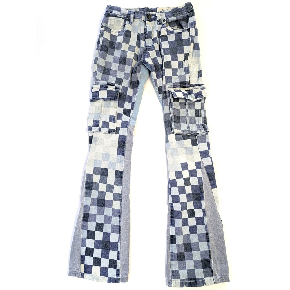 Evolution In Design Checkered Patchwork Cargo Jeans Blue Stacked Fit Size 16